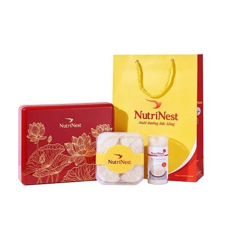 Tổ Yến Sào Tinh Chế Hảo Hạng – Nutrinest – 50g – Hộp Gỗ Sơn Mài Vẽ Hoa Sen